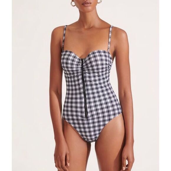 Veronica Beard Mari Swimsuit One Piece Black White Plaid Check Gingham Size Medi - Picture 1 of 9